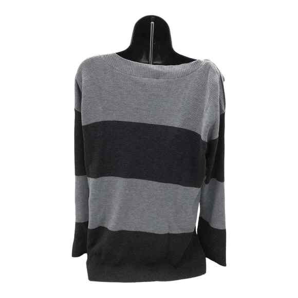 Vince Camuto Women’s Medium Gray Black Stripe Sweater Button Shoulder NWOT - Picture 15 of 15